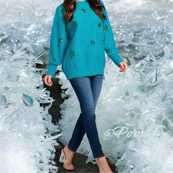 PEACH LOVE CALIFORNIA ever so soft sequin star teal sweater S M L - Picture 4 of 10